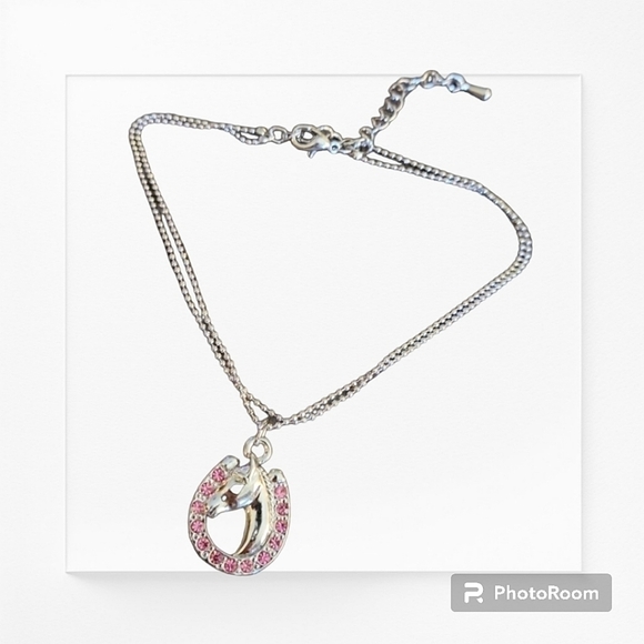 VTG Pink Crystal Equestrian Horseshoe Silvertone Chain Cowgirl Anklet - Picture 1 of 7